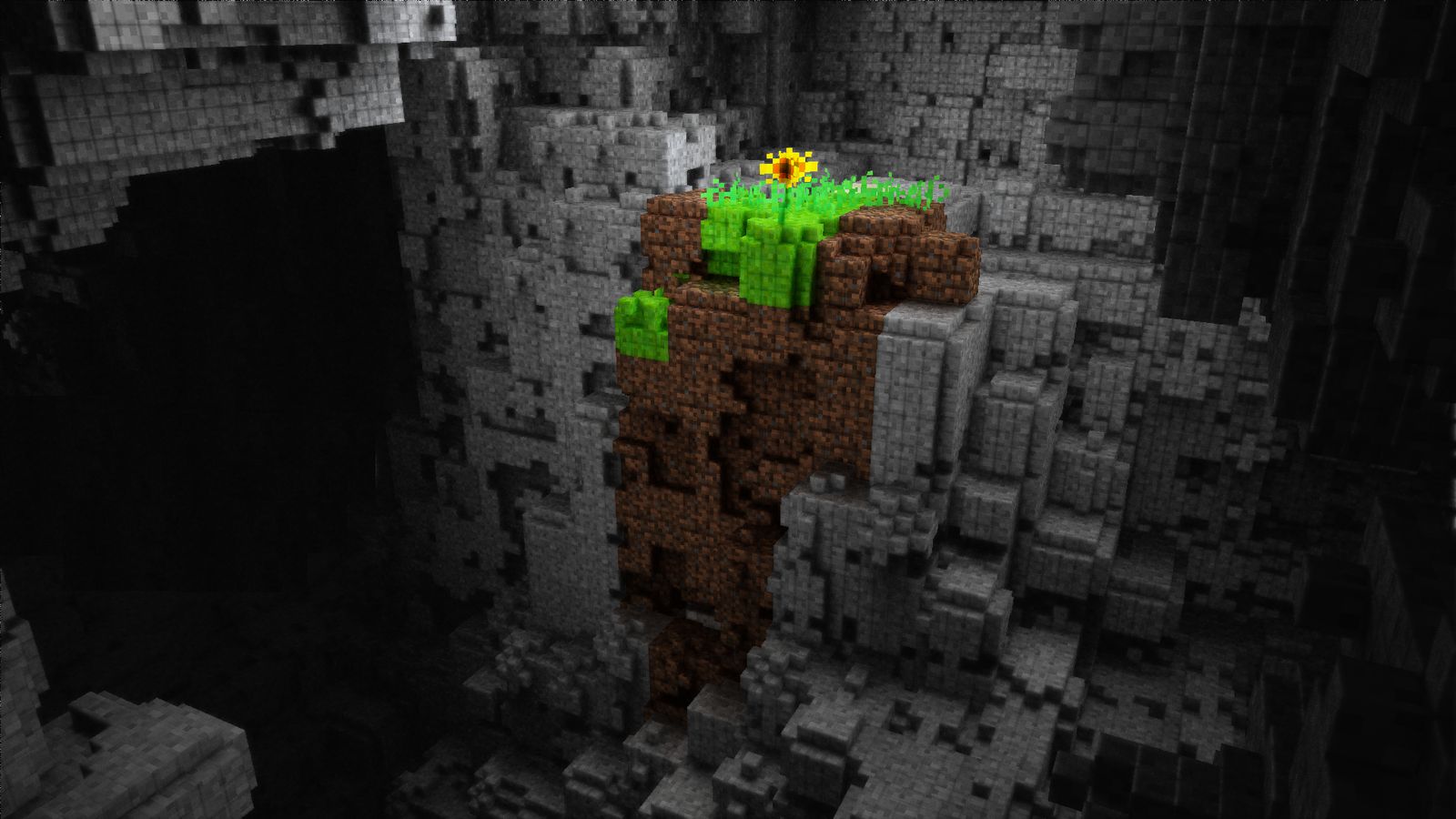 A bright patch of nature inside a deep voxel cave